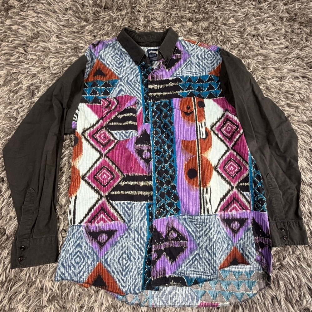 Wrangler Cowboy Cut Southwestern Geometric Button Up Shirt Mens XL Made in USA